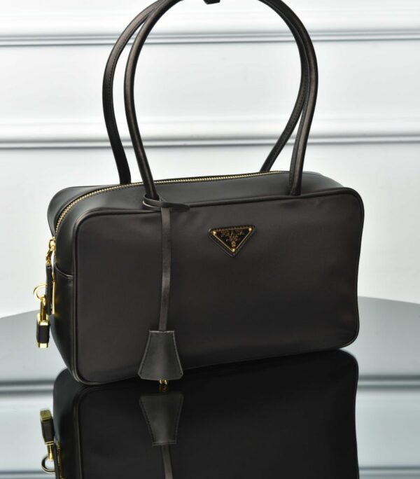 Re-Nylon and Leather Medium Top-Handle Bag with Padlock
