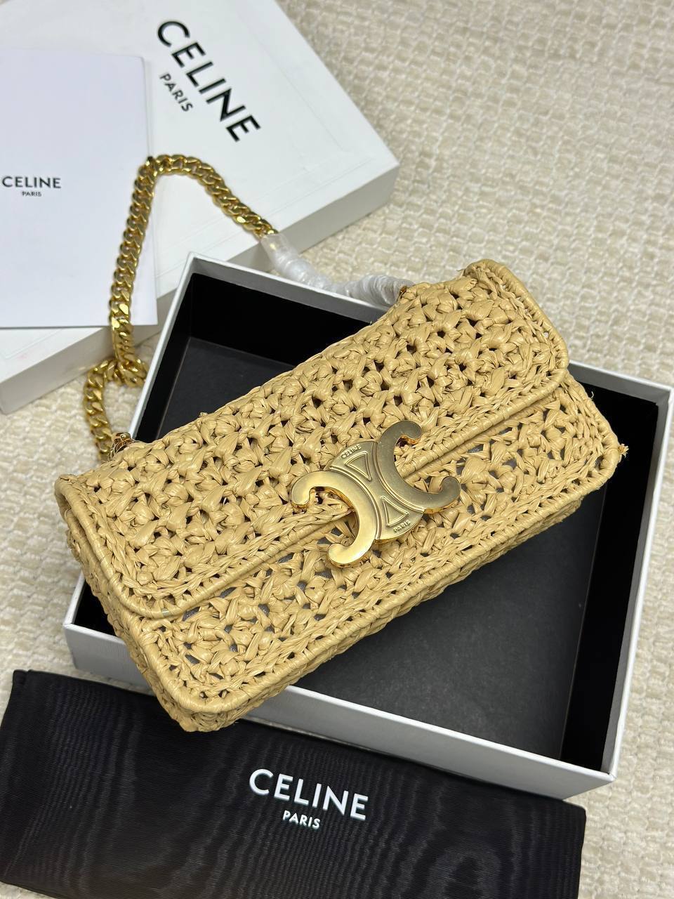 photo_6041902264366518183_y CHAIN SHOULDER BAG CLAUDE IN RAFFIA EFFECT TEXTILE - Image 1