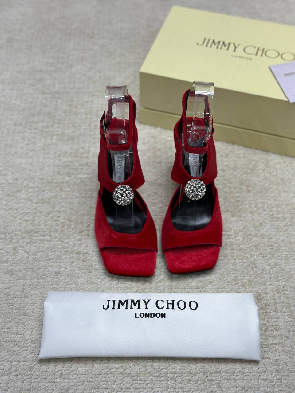 photo_5814225962106210991_y Jimmy Choo Orb 95 Ruby Red Velvet Sandals - Image 1
